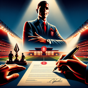 Image Title: 'Strong Denial of Rumours and Confirmation of Current Management' Description: The key image illustrates a formidable press release from a high-ranking professional soccer club, featuring the club's stadium bathed in the team's iconic red and white colors in the background. In the foreground, an assertive stylized representation of the club's emblem and a confident image of the team's leadership or sports director will appear. The composition will emit a message of unity and internal strength. Visual elements such as a fountain pen or a signed official document, symbolizing the press release denying the hiring rumors of a distinct European soccer coach, will be added. Subtly embedded in the design will be the silhouette of the current coach, or some detail that evokes his sports project, indicating his continuity at the helm of the team. The text of the announcement will be legible and highlight key words like 'official,' 'denies,' 'rumours,' 'trust,' and 'continuity.' The image will reflect solemnity and commitment, evoking respect for the current technical management and curtailing media speculations. The image will be structured in such a way that it incites fans and readers to click on the provided link for more information about this important news from the world of German soccer. Note: This prompt offers details for the creation of a visual composition. For the realization of the final image, the skills and resources of a graphic designer will be required.