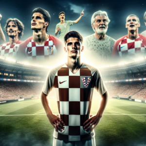 Picture a skilled Croatian football midfielder known as Ante Coric standing prominently in the center of the field, dressed in a neutrally colored jersey, signifying no association with any specific club due to his inactive playing period. His gaze is objective and determined, reflecting a promising future in his eyes. Around Coric, see subtly blurred, ghostly images of football legends Modric, Kovacic, Boban, and Prosinecki, symbolizing the inherited talent and comparison to these icons. The image radiates hope and rebirth, with a stadium brimming with fans in the distance, hinting at his anticipated return to professional action. The overall ambiance is emotionally charged and evokes nostalgia, but also the excitement of a new opportunity. The picture should be filled with vibrant colors and textures reminiscent of European football's dynamism and the technical quality of these Croatian players. Specific characteristics: refrain from displaying club badges, subtly and artistically blend elements of success and football lineage into the image, aim to capture the emotion of football fans who've followed his trajectory and look forward to seeing him succeed once more. The image is intended for the international football section, and must appeal globally without focusing on a specific region or team.