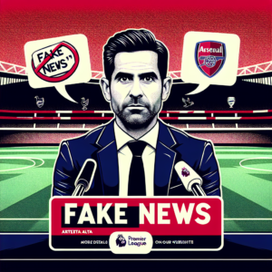 Create a professionally polished image suitable for a Premier League article. Center stage is a determined-looking football coach during a press conference, with a soccer pitch in the background. Overlay the clear, bold title 'Arteta denies Barcelona link: 'Fake news'' using a firm, modern typeface. Integrate a symbol commonly associated with 'Fake news', perhaps a 'prohibition' sign over a speech bubble with the word 'FAKE' inside. Place the Premier League logo somewhere in the corner. Some subtle details to consider including are the Arsenal FC logo and an aesthetic reminiscent of a football field's lines and hues. While no direct links will be in the image, consider adding a call-to-action, such as 'More details on our website' or simply 'Read article'. All these elements together should create a cohesive image that conveys Arteta's debunking of the rumors.