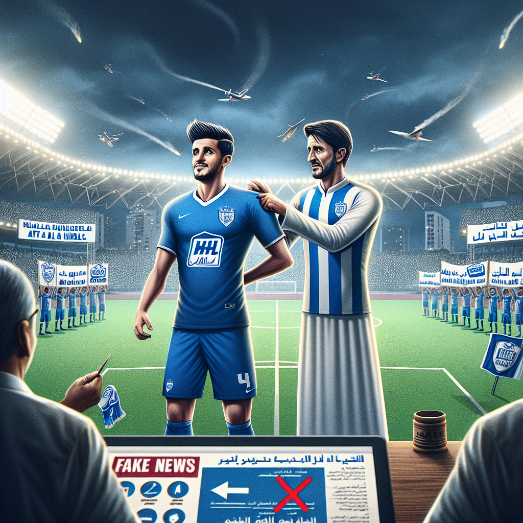 Image title: A Player takes the Reins at Al Hilal; Description: The image captures a pivotal team change at Al Hilal. It depicts a player proudly donning the Al Hilal jersey while another, displaying a mix of surprise and resignation, symbolically hands over the uniform number to him. Both footballers stand on a floodlit football field, lit by the stadium lights highlighting this crucial moment. The Al Hilal stadium is full of fans in the background, holding banners about a new beginning and support for the newcomer. The atmosphere is bittersweet with welcomes for the new player and shock over the unexpected situation of the outgoing player. The image design includes text stating: 'A new star player at Al Hilal; Former Star makes space' and graphical elements suggesting that 'fake news' are debunked, for instance, with a crossed-out 'fake news' icon. At the bottom of the image, there are visual buttons or links prompting readers to 'Read More' on a website offering the full story. The image aims to generate interest and curiosity about the current situation of Al Hilal players while remaining respectful and truthful to the events.