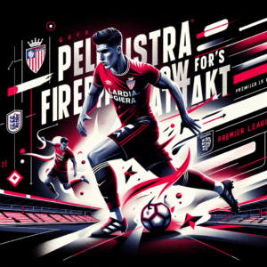 Design a dynamic and sports-oriented image for a blog post titled 'Pellistri, more firepower for Granada's attack'. The background should convey football or the stadium of Granada CF in tones that harmonize with the club's colors (red and white). Incorporate an action shot of the footballer (a medium build, dark-haired male athlete in football gear), subtly include the badge of Granada CF, and perhaps also the logo of an English Premier League team to depict the transfer from one club to another. Use strong and sporty fonts for the title. The prompt also suggests including 'PREMIER LEAGUE UK', for highlighting the player's origin. Introduce visual elements like lines or geometric shapes to convey movement and dynamism. The image should have standard dimensions for a blog or social media slider, have a high resolution, and be in JPEG or PNG format. Ensure the image displayed is professional and has an appealing yet non-obtrusive link to the complete news story. Respect copyright in image choice and typography, prevent image from being cluttered and ensure key information is easily legible.