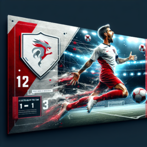 Create a striking banner image for a sports news post. The image should feature a soccer player in the foreground, preferably captured at a moment of scoring or celebration that signifies his significance in the match. Include the emblem of a red and white football team subtly somewhere in the image, along with the match score (2-1) integrated into a graphic score board. Make sure you capture a victorious or determined expression on the player's face. The backdrop should be textured or themed around a football stadium for context. Incorporate dynamic elements like movement effects or lights to convey the excitement of the game. Overall, use a modern and dynamic style balanced in composition to attract attention to the central story: the player's contribution to the match. The banner should also include a bold and clear headline 'A player helps the team rank third' positioned strategically so it doesn't interfere with the image of the player. The font and colors for the text should complement the image without stealing focus from the main subject.