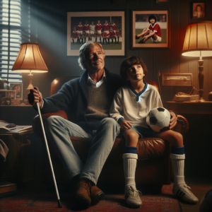 Title: 'Courage in the Dark: The Challenge of a Soccer Legend's Son' The image portrays an older male soccer legend and a young boy with a visual impairment (identified by his white cane) in a cozy setting. The older man, Caucasian, is sitting in a leather armchair, with a framed photo, portraying him during the apex of his career, on the wall behind. The dim, warm light accentuates his thoughtful and nostalgic expressions. His look is filled with love and pride for the boy, presumably his son, who's dressed in casual soccer attire alongside his white cane. A soccer ball lies between them, symbolizing shared dreams and passions. The composition carries both the emotional weight of the boy's illness and the unbreakable family connection. A text overlay invites readers to the full heartwarming story on the Daily Mail.