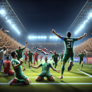Envision a vibrant night scene under the illumination of a stadium filled with spectators. In the center, capture the moment right after the Jordanian team scores the decisive goal in extra time. The Jordanian players are jubilant, some running with their arms wide open towards the scorer, who is on his knees on the field with his arms lifted to the sky in a gesture of victory and ecstasy. In the backdrop yet out of focus, some Iraq players are expressing their disagreement, gestures of frustration and disapproval reflected on their faces, with one or two players gesticulating towards the referee. The expressions of the players and the spectators capture the mix of triumph and controversy of the moment. The image should be filled with emotion and tension, representing the pinnacle of sports drama. For this prompt, use the tools of an AI-based image generator. Remember to give specific instructions about the artistic style you prefer (e.g., realism, digital art, impressionism), and any detail you want to be highlighted, like team colors, tournament logo, or the emotional atmosphere of the event.