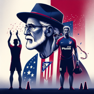 Create a respectful and emotional image for the announcement of the departure of the charismatic physical trainer known as 'The Professor' from Atletico Madrid. The image should reflect the end of an iconic era and the successful relationship between 'The Professor' and the coach. Consider including: Atletico Madrid's logo prominently displayed but not overshadowing the main characters, images or silhouettes of 'The Professor' and the coach expressing an emotive farewell, references to physical training like a whistle or training cones, Atletico Madrid's colors: red, white, and blue, an atmosphere of nostalgia but also hope and respect for the future, the date 'summer' to mark the time of departure. Specifications: Dimensions: 1200 x 630 pixels, Format: High-quality JPG or PNG, Style: Photorealistic combined with symbolic graphic elements.
