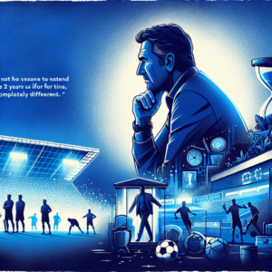 Imagine a graphic illustration that captures the essence of a moment of reflection and decision for a football coach contemplating his future with a top-tier football club. Essential components of the image should include: 1. Background: A modern, vibrant blue-tone football stadium teeming with soft light that underscores an aura of momentous contemplation. 2. Main Characters: - A football coach, dressed in his customary game day attire, deep in thought with his gaze fixed on the horizon. - Silhouettes of football players in the background, training or playing, symbolic of 'watching the players and their behaviour.' 3. Textual Elements: - Emphasised text quote: "It's not the same to extend for two years as it is for nine, it's completely different." - A football symbolising the coach's evolution and progression within the sport. 4. Additional Graphics: - An hourglass or calendar denoting time and the length of his contract. - Small icons or images suggestive of trophies, alluding to ongoing success and 'standards' to be maintained. 5. Aesthetics and Colour: - Colours to complement the blue of the club: silver for sophistication, white for clarity, and the green of the pitch for football context. - A dynamic yet elegant style, hinting at action but with an introspective tone. The image should convey the dualism between the frenetic energy of ongoing football and the coach's moment of pause to contemplate his future, as well as the success of his current tenure in the league.