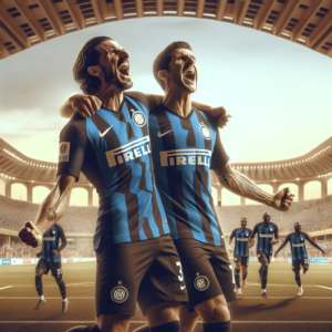 The image portrays an emotional and moving moment during an international football match in Saudi Arabia. Two world-class football players, outfitted in the kit of an American team, Inter Miami, are together in the foreground jubilantly celebrating a game-changing goal. Their expressions mirror the joy of scoring, the grit of heavy competition, overlaid with a tinge of disappointment as their heroic comeback didn't result in victory. The players' jerseys clearly display their recognizable numbers. The background furnishes a crowded international stadium, further players of both teams assumingly retaking positions, hinting that the match is still on. A far off scoreboard signals an exciting neck-and-neck game. Desert climate and characteristic Saudian sunset dramatically spotlights the whole scene.