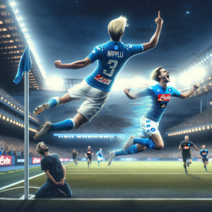 The image should capture the dramatic and triumphant moment of a young, blonde hair and Caucasian male football star, celebrating during a nighttime match under the starry lights of San Paolo Stadium. The player is seen in two scenes: in one he is jubilantly celebrating his first goal in the 84th minute, arms raised, Napoli's logo on his shirt, under the ecstatic cheers of spectators clad in Napoli colors. A secondary, ghostly image shows him slightly colliding with a post in an acrobatic maneuver, highlighting a comical, surreal element of the feat. A blurred image shows him triumphant return to the field after the hit. The stadium is buzzing with the crowd dressed in blue and lively stadium lights illuminating the scene. The details, such as the outfits and the stadium, are realistic, resembling Napoli's actual uniforms and San Paolo's real architecture. The image is vibrant and lively, with a color palette highlighting Napoli's characteristic blue. The scene is rendered in a realist style but with dramatic undertones to effectively illustrate the surreal and memorable moment of the young football player's feat. The image also includes the goal times '84' and '87' in one corner, and the words 'IL CALCIO ITALIANO' in another part. Space should be reserved for including a link to the complete article and a small, discreet version of a sports media logo for authenticity.