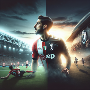 Imagine a composition split harmoniously in two. On the left side, you see Carlos Alcaraz on the field in action, wearing the Southampton jersey. The background captures an intense football match under the soft lights of an English stadium, filled with blurry spectators in the distance, reflecting the passionate but challenging environment Alcaraz is working to escape from. In a cinematic 'fade to black' transition, the image blends to the right side revealing a glorious dawn with Juventus on the horizon. The new Juventus shirt awaits Alcaraz; looking polished and hung as though it's a knight's armor ready for battle. The Juventus Emblem is highlighted by dramatic light, symbolizing the fresh era about to start. The Juve stadium, the Allianz stadium, stands in the background, imposing and promising. The atmosphere is of expectation and grandeur, signaling the dawn of a new chapter in Alcaraz's career. The title of the article is firmly placed at the top in a font that denotes motion and agility, while at the bottom, a small info bar includes your section 'IL CALCIO ITALIANO' with the stylized logo for instant recognition of the league.