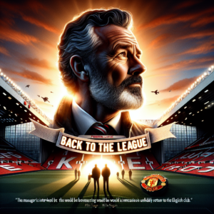 An artistic composition of a prominent football manager, emitting a blend of emotions on his face, reflecting the desire to conclude unfinished business at a famous English football club. Behind him is the iconic stadium known as Old Trafford under a setting sun sky. The manager's silhouette stands out against the backdrop, a thoughtful figure gazing towards the entrance of the stadium, with the slogan 'Back To The League' illuminated in bright letters in the sky. Below him, a testimonial ribbon with the words of Mike Keegan from the 'Daily Mail' saying, 'The manager is interested in making what would be a sensational yet somewhat unlikely return to the English club.' A Premier League UK badge adorns the lower corner, underlining the competition's relevance within the news context. The image conveys the magnitude of a potential return of the manager to the British football scene, highlighting the tension between expectations and uncertainty. The backdrop of Old Trafford and the incorporation of elements connected to the club reinforce the manager's association with the club, while the application of a dramatically and contemplative visual style captures the essence of the news piece as a pivotal moment in the manager's career.