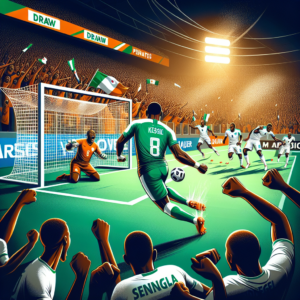 Generate an image illustrating the defining penalty shootout moment with Franck Kessié, the match hero from Ivory Coast, about to make the decisive shot. Behind the goal, illustrate the crowd erupting with joy, in stark contrast with the despair of the Senegalese players in the background. Make sure to clearly showcase the colors and uniforms of the Ivory Coast and Senegal soccer selections. The exciting match setting should be visible in the background, hinting that the match took place in Ivory Coast. Subtle elements in the image should indicate that the match led to the reigning champions' defeat through penalties, such as an electronic scoreboard or animation displaying 'Draw' and then 'Penalties'. The image style should embody emotion and triumph, with dynamic angles and a composition centering on Kessié. Use a vibrant and contrasting color palette, with dominating orange and green hues for the Ivory Coast, and a subtler representation of Senegal's colors. Dramatic lighting should particularly highlight the penalty moment. Add the title 'Kessié gets rid of the reigning champions... after changing the coach!' using a bold, dynamic typography. Finally, discreetly include a photo credit referencing the MARCA article, with a shortened link if possible to maintain the aesthetic.