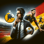 Create a dynamic and modern image that serves as the main image for a post about a generic soccer coach and player, highlighting their relationship and German soccer league, Bundesliga. The image should contain stylized illustration of a thoughtful looking coach suggesting his coaching role, and the player in action possibly dribbling or taking a shot, showcasing his skills as a soccer player. In the backdrop, a packed football stadium suggesting the exciting atmosphere of a Bundesliga match. Incorporate the colors of German flag - red, yellow, and black, along with the official Bundesliga logo. The composition should be balanced leaving some space for the post title, 'Crossed Paths of a Coach and Player'. Maintain an air of mystery and anticipation, prompting the viewer to click the link to read the article. Ensure that the final image is high resolution suitable for social media and online article covers.