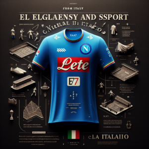 Create an enticing and informative image that showcases the merging of sports and high fashion. The focus of the image is a Naples football team jersey with the EA7 logo distinctly visible and focused. Include visual elements that allude to elegance and style like subtle lines or textures that simulate high-end fabrics. Incorporate some Italian undertone, like subtly integrated famous Italian landmarks or the flag of Italy, to highlight the relevance of Serie A and the Italian football culture. Also, provide clues of the club's athletic context, perhaps showcasing the Napoli stadium or its fans, invoking the spirit of 'Il Calcio Italiano'. Text should include: 'EA7: Elegance and Sport Converge on the Naples Jersey' at the top or center, and 'FROM ITALY, IL CALCIO ITALIANO' located on a corner. The EA7 logo should be emphasized to capture attention swiftly. The jersey could be hung up, held by a model, or seen in action on a team player during a match. Incorporate symbols of Italian culture and fashion, allowing the audience to instantly connect with the elements. Note: Make sure to have rights for all the images and iconography included in the design.