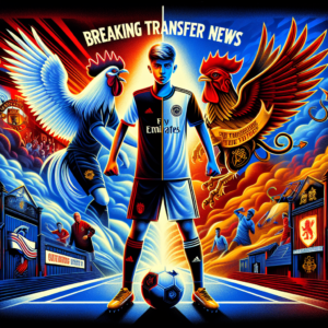 Visualize a vibrant and dynamic graphic montage that represents the exciting rivalry between two giants of English football, illustrated as two unnamed clubs, vying to sign a rising young star. In the centre, draws attention an image of an unnamed young football prodigy, dressed in a generic football kit, with a determined look and an aura of promise. Behind him, the distinctive colours of the two clubs intermingle and clash, symbolizing the struggle between the two clubs. The logo of a rooster in a football and an emblem with a ship and a devil are on opposite sides, both seemingly reaching out to the central figure, suggesting a tug of war for his allegiance. The backdrop includes emblematic elements of a generic football league, such as a stadium filled with fans and a league trophy, denoting high competition and dreams of glory. The words 'BREAKING TRANSFER NEWS' stand at the top in a bold and modern font, with the name of an unnamed sports journalist shining below as a seal of exclusive and trusted information. The image should breathe the spirit of the Premier League and the transfer market, capturing the essence of competition and the excitement surrounding potential moves of future football stars. Relevant elements to include: a rooster in a football, a logo with a ship and a devil, a highlighted image of a young football prodigy, emblems and icons of a generic football league, vivid shades that represent the urgency and adrenaline of the transfer market, and the texts 'BREAKING TRANSFER NEWS' and 'Unnamed Sports Journalist'.