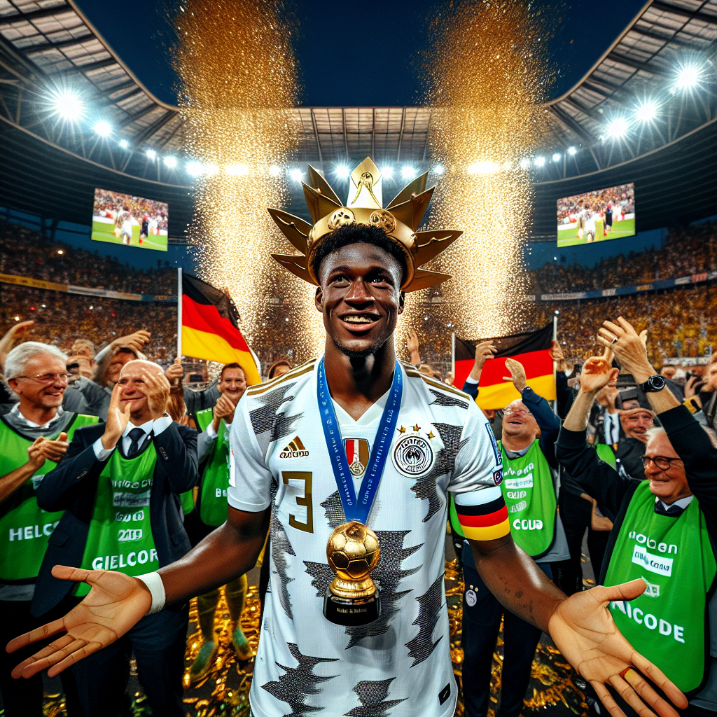 Picture an electrifying ambience in the soccer field of a well-known Bundesliga club in Germany. The scene is pulsating with excitement and vivid colors. At the center, we capture the heartfelt moment when a triumphant soccer player, freshly crowned as the champion of the Africa Cup, steps on German soil after his notable victory. Adorned in his team's sports gear, the player wears a beaming and triumphant smile. Above his head, a golden shower of confetti sparkles under the stadium lights creating a halo of victory around him. In his hands, he proudly holds aloft a miniature replica of the cup he's just won, for all to see. His teammates, staff and coaching staff have gathered around him to celebrate his success. Some greet him with exuberant hugs, while others raise banners and signs lauding his exploit. Messages like 'Welcome home, hero!' and 'Soccer player: Club's Pride' are legible on the bright colored signs that contrast against the background of the stadium. Fans join the celebration with chants and ovations, waving team scarves and flags, creating a sea of club colors. The atmosphere is a blend of sports joy and national pride, and the sense of camaraderie and recognition is palpable. This powerful and moving image aims to reflect not only the player's personal victory but also the union and appreciation of an entire club receiving him as a hero. It captures the essence of a celebratory moment that will forever be etched in the history of the club and the player himself.