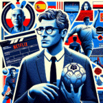 Create a striking blog post image illustrating a collaged narrative surrounding Spain's LaLiga football competition and its connection to a Netflix documentary. Use a stylized image of a middle-aged, Caucasian male with glasses, acting as a surprise figure, situated in a projection or lecture context. Further incorporate subtle Netflix-inspired elements such as a film clapper or a resembling logo. Intertwine graphics suggesting mental preparedness such as brain iconography or images symbolizing concentration and mental well-being. Represent a silhouette of a young, black, male professional football player identifiable by his jersey number or a distinctive on-field action in the backdrop. Use the emblematic LaLiga ball as a central piece to link the image to Spanish football context. Employ LaLiga-associated colors and typography for brand consistency. Combine all components harmoniously for visual appeal and to portray the story's message.