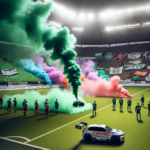Create an image illustrating the scene of a football field filled with mild smoke, with the focus on a remote-controlled car carrying an activated smoke canister. The image should evoke the chaos and disruption caused during a match between Hansa Rostock and Hambugo, in the German Bundesliga. The RC car, marked as a protest tool, should pop on the green field with disarrayed players in respective team uniforms, looking at the scene with surprise and concern. Slight image blur on the edges should suggest stadium surroundings. Vibrantly coloured smoke should arise from the canister, avoiding any strong team colour favouring. The illuminated and designed football field should subtly hint at the German Bundesliga. Protest banners with ambiguous slogans about foreign investment can appear in the crowd or surrounding area. The scene should incorporate dynamic shadows and lighting for a dramatic effect, and must accommodate the space for title and hyperlink overlay.
