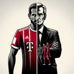 Create an image divided into two contrasting halves to illustrate a 'split'. On one side, depict a generic soccer player in red and white uniform - the colors of Bayern Munich - with a frustrated or discontent expression, symbolizing their potential desire to depart. On the other half, portray a generic soccer coach, with an expression of authority or firmness, representing conceivably conflicting power. Also include a silhouette or representation of other players or a coaching team showing gestures of surprise or intervention, conveying the idea of a near-physical altercation. Infuse a visual division between the two subjects reflecting the 'split,' using intense shadows or distorted colors around the characters to suggest tension. Place subtle text or a logo referencing Bundesliga somewhere in the image. Ensure high resolution and standard blog post image size. Do not use personal attributes of specific soccer players or coaches, and do not violate any intellectual property or copyright laws.