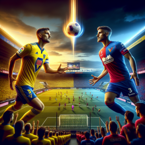Visualize an intense La Liga match tie between Las Palmas and Osasuna. In the center, both the team captains are shown with concentrated expressions, preparing for spectacular volley shots. The atmosphere is charged, reflecting a climactic moment in the match. See the fan-packed Gran Canaria stadium in the background with prominent colors of both teams, creating a vibrant setting. The football is captured mid-air, while it is about to be hit, adding action to the scene. Include visual effects suggesting the magnitude of the goals, such as luminous trajectories behind the ball or a motion blur effect around the players. Represent accurate team uniforms, badges, and colors: yellow and blue for Las Palmas and red and blue for Osasuna. Include distinct elements of La Liga, like the official league logo. The sky over the stadium displays signs of sunset, indicating the dramatic event happened in the match's second half. Optional text - include a banner with the text: 'Las Palmas and Osasuna: Epic Tie with Legendary Goals', as well as the match score 'Las Palmas 1 - 1 Osasuna' in a clear, sporty font.