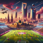 Create an image capturing the debut of the LaLiga FC Futures in Saudi Arabia. Incorporate distinguishing landscapes such as the Riyadh skyline or identifiable architectural components like the facades of the Mahd Sports Academy buildings. Conspicuously place the logos of LaLiga and the 1st International U-14 LALIGA FC FUTURES Tournament. Depict the vigor and enthusiasm of young, preferably U-14, football players in action. The image should clearly show that this is an 11-a-side football match. Subtly add elements harking to Spanish football, such as the Spain's flag, LaLiga colors, or even stylized silhouettes of well-known football ambassadors. Embed tournament details and key messages (1st-3rd of March, at the Mahd Sports Academy in Riyadh). Include subtle details that reinforce the partnership with the Saudi Arabian Ministry of Sports, such as the Saudi Arabian flag or the Ministry's seal. Use a color palette that merges LaLiga's colors (primarily red and blue) with Saudi Arabia's colors (green and white from their national logo). The visual style should be vibrant and dynamic yet professional and aligned with LaLiga's brand identity. Lastly, include a call to action, such as a QR code or a brief message encouraging the viewers to click to read the full story. The image should be high-res, suitable for sharing on social media and websites, with a balanced composition, and it should comply with guideline and constraints of the varying platforms it will be published on.
