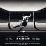 Create a solemn and respectful image in memory of a left-handed footballer that won the 1990 World Cup with a 'deceptive penalty'. Feature an iconic moment from the player's career, represented by a black and white image, possibly the footballer executing the historic penalty during the 1990 World Cup final. Use as background a vacant or evocative stadium scene, possibly the Olympiastadion in Rome where the 1990 World Cup was won. Include a black ribbon in one corner of the image, symbolizing mourning, and a generic football league logo to represent his relationship with the German competition. Overlay a respectful headline that reads 'In Memoriam: The Left-handed Legend' along with fictional birth and death dates (1961-2024). The overall color palette should be dark and subdued to maintain the image's sobriety.