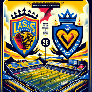 Create a dynamic image for a match report featuring Las Palmas versus Osasuna in the LaLiga EA Sports. Include striking headline: 'Las Palmas vs Osasuna: Crucial Clash at Matchday 26!' Detail the badge imagery of both Las Palmas and Osasuna, presenting them in sharp resolutions and vibrant color. Invoke the backdrop of the Estadio de Gran Canaria to suggest the location of the event. Incorporate elements that reference LaLiga EA Sports such as the official typeface, footballs or videogame-related graphics. Add details like match date and time (to be specified later) using a readable font. Explore a palette that mingles football's action and energy, like grass-green, passionate red, and deep blue. Interject a visual call to action, like 'Know the Schedule and where to watch on TV', making sure it stands out. Ensure the design is balanced and not overly packed, allowing the information to be the key focus. Introduce a QR code or a discreet short URL that leads to the news source, inviting football fans to read the complete news story. Please note, the specifics herein are for the creation of a fictitious image; all match specifics should be verified and adjusted according to LaLiga's official schedule.