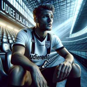 Create an emotional and subtly somber image inspired by an athlete's struggle. This person should be seated in an empty football stadium, their expression thoughtful and frustrated, reflecting uncertainty about their future sports career. Their clothing should suggest they are a football player, and they should have the colors representative of the Udinese Italian football club. The background should include the suggestion of football stadium stands or a locker room tunnel. Include subtle references to 'Il Calcio Italiano' and a 'TV broadcast', symbolizing a deep-dive interview. Also incorporate the post title prominently, with a serious-type font that contrasts well with the background. And consider integrated quotes from the article that highlight the player's situation. Artistic style should use cold colors and blueish tones to convey uncertainty, while maintaining elements that give a sense of hope and struggle, such as diffused light reflecting the person’s face. The composition needs to be clean and balanced, with nothing to distract from the main message of an athlete's struggle against adversity in their career.