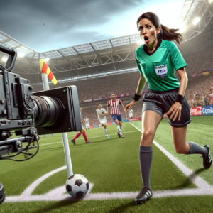 Title of the image: Pivotal Moment in Soccer Match Description of the image: Capture the intensity and shock of the incident in an image that shows a female Hispanic lineswoman on the field, right before she collides with a broadcasting camera during a soccer match between two notable teams. The image should reflect the speed of the motion and the inevitable proximity of the crash, emphasizing the seriousness of the incident while respecting the dignity of the involved referee. Key visual elements to highlight: - The lineswoman on the pitch with an expression of surprise and concentration. - A broadcasting camera in the foreground, highlighting its imminent contact with the referee. - The background features a soccer stadium filled with the crowd and atmosphere at a crucial moment. - Subtle generic soccer competition logos or iconography to emphasize the competition and context of the match. Color Palette: Greens of the grass, vibrant colors of the stadium and soccer competition uniform, with neutral tones for the camera crew to not distract from the main characters of the image. Style instructions: The image should be dynamic and realistic, capturing the urgency of the moment without falling into sensationalism. The treatment of light and shadow should accentuate the tension and drama of the event, while maintaining absolute respect for the lineswoman and the sporting spirit of the soccer competition.