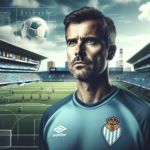 Create an image centered on a football coach, identifiable by his sportswear, portraying a serious expression reflective of his commitment and resolution. He is standing in a technical area, with a football stadium suggesting the home ground of a Spanish football club, Celta de Vigo, in the background. The club's emblem might be notably displayed, possibly on the coach's chest or in the backdrop. Include visual elements referencing Spanish League, such as a football embedding the competition's logo or graphics referring to Spain. Apply a color palette that incorporates the team's azure blue and white colors for thematic consistency. A subtle shadow of a ranking table symbolizes the fight to prevent relegation to the second division; however it's not too dominant to avoid suggesting negativity. The sky above the stadium could be partly clear, symbolizing hope and light as a metaphor for a sporting situation that still has a path ahead. Optional elements could include a subtle textured quote around the coach's figure saying 'I don't consider coaching Celta in Segunda', to reinforce the headline's message, and a spotlight effect on the coach, symbolizing all eyes are on him and his role as leader.