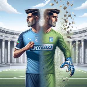 Illustrate a symbolic rescue scene for a professional soccer player having a fresh start with a new team. The player should be represented as a generic Hispanic goalkeeper, displaying optimism and determination, preferably in a blue and light blue jersey, the colors of Lecco. The image must display a transition from one stage of his career to another, signified by a dissolution from a different jersey into Lecco's. Let iconic Italian elements subtly be blended, possibly aligning with Lecco or Italian league football. An elegant background reflecting the tradition of Italian soccer, like well-kept grass, or marble texture should be combined with informative text saying 'From the Spanish League to Italian Calcio - The Goalkeeper finds a new home at Lecco'. This composition should allude to the context of the linked article without explicitly mentioning it.
