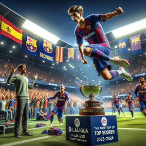 Title: 'The New Top Scorer of LaLiga 2023-2024' Image Description: The image represents a change in leadership in LaLiga EA Sports, with the young unnamed player leading the scorer's table, thus surpassing the previous favorite, a seasoned veteran. The surprise sentiment and the rise of a new generation should be tangible. Details: 1. At the center of the image, the aforementioned young player dives into action sporting the uniform of his team, the Barça, demonstrating dynamism and goal-scoring prowess. 2. The background captures a vibrant stadium filled with spectators, with the emphasis on the Barça fans celebrating the exploits of their new hero. 3. In one corner of the image, a small representation of the seasoned player can be included, depicted in a stance reflecting noble resignation at being surpassed this season. 4. The Pichichi Trophy should subtly appear somewhere in the image, highlighting the importance of the award. 5. Use the characteristic colors of LaLiga and Barça, ensuring the young player is the main focus. 6. The typography used for the title should be modern and robust, causing a strong visual impact. 7. Include some graphic reference to LaLiga EA Sports, like its logo or distinctive aesthetics.