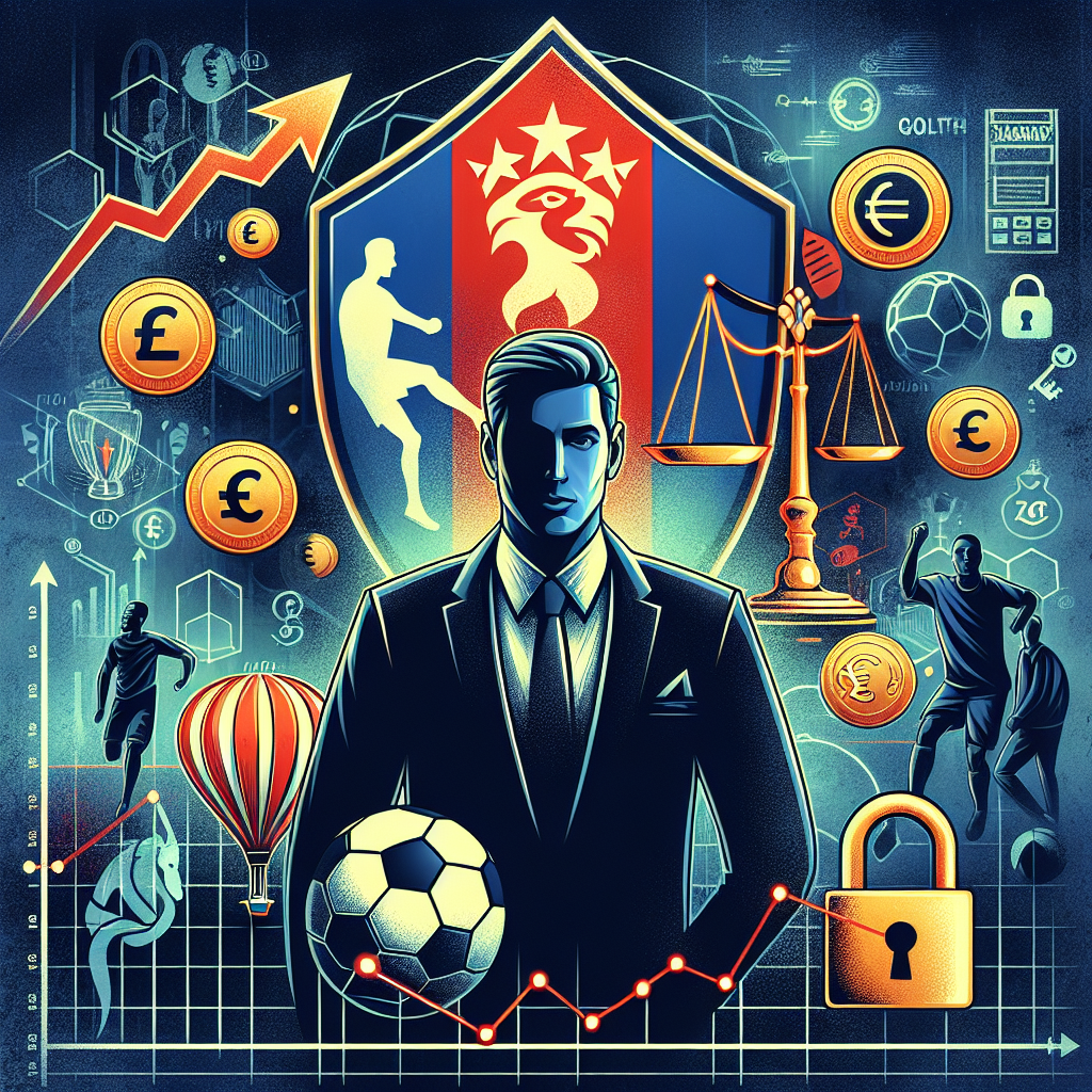 An image capturing the essence of a legal and financial agreement involving a major football league. At the center, there's a vividly colored logo of a renowned football league, with a confident and decisive looking male figure beside it, symbolizing a key figure involved in the agreement. In the background, there are symbols related to finance such as growth graphs and Euros, along with elements of security like a padlock. Subtle silhouettes of football players and footballs are scattered around to hint at the sports context, and signs of justice (judgement hammer, balance scales) are included to imply the legal aspect of the news. All elements should comply with copyright and trademark rights, in a visually appealing design with a professional color palette that aligns with sports and legal themes.